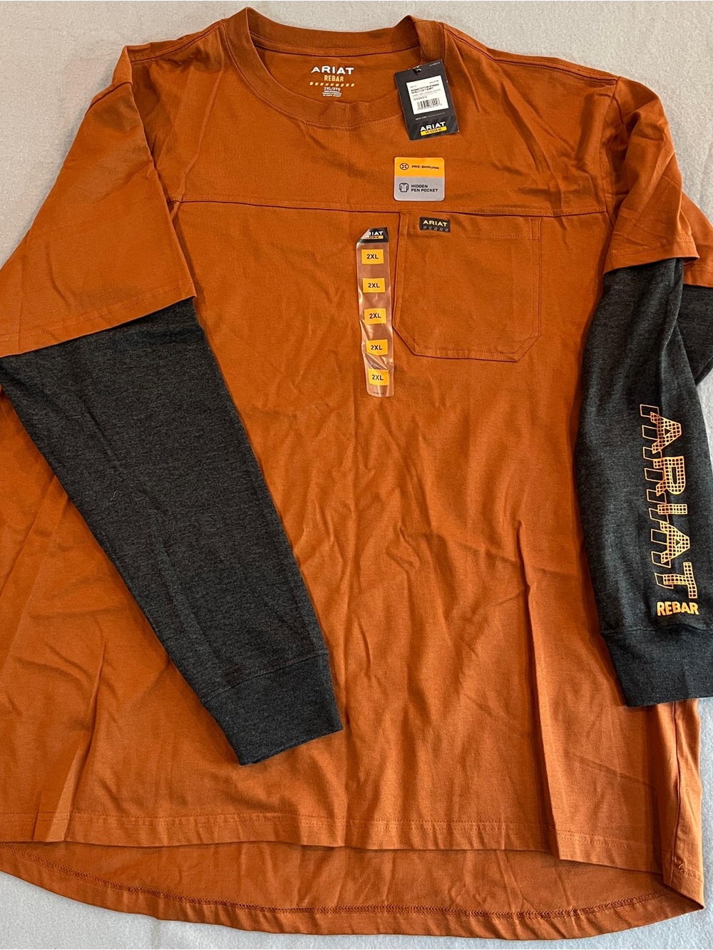 NWT Ariat Rebar Rust Orange with Charcoal Sleeve Long Sleeve Shirt